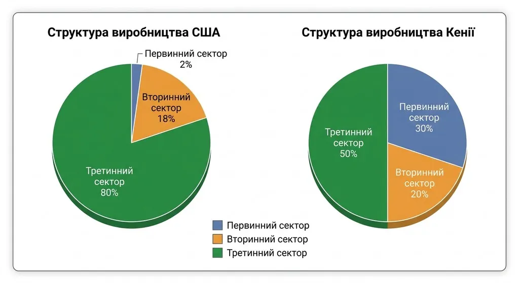 Порівняння структури виробництва США та Кенії за допомогою двох кругових діаграм. США: первинний сектор 2%, вторинний 18%, третинний 80%. Кенія: первинний сектор 30%, вторинний 20%, третинний 50%.