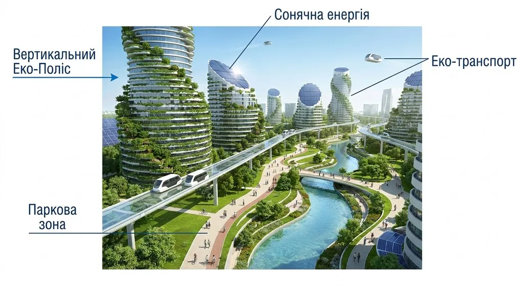 Футуристичне еко-місто «Вертикальний Еко-Поліс» із хмарочосами, вкритими вертикальними садами та сонячними панелями, білим еко-транспортом та зеленими парками біля річки.