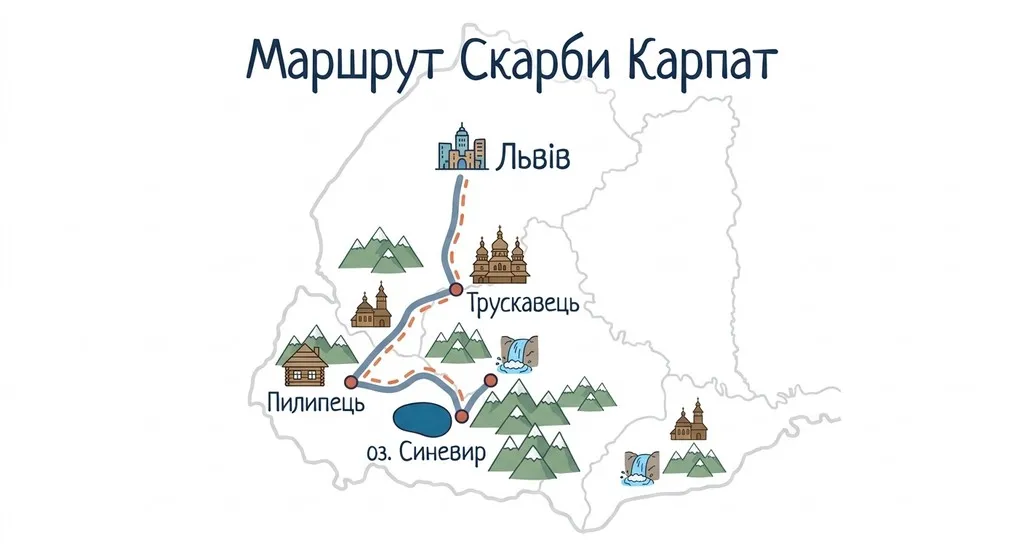 Спрощена туристична карта Західної України з маршрутом «Скарби Карпат», що пролягає через Львів, Трускавець, озеро Синевир та Пилипець, із іконками гір, водоспаду та церкви.