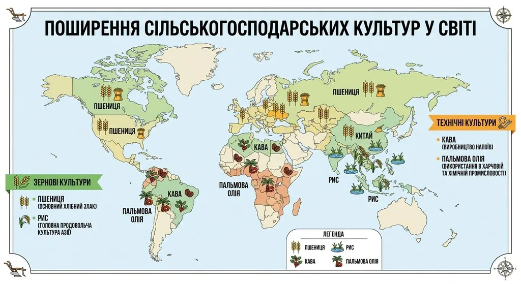 Освітній плакат з географії на тему «Поширення сільськогосподарських культур у світі» з картою світу, іконками зернових та технічних культур та підписами українською мовою.