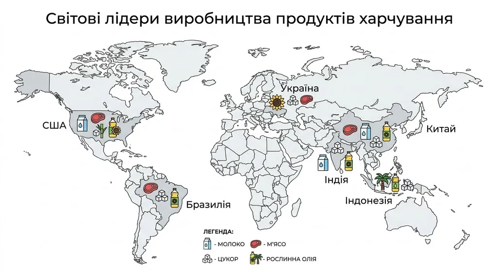 Карта світу з позначенням лідерів виробництва молока, м'яса, цукру та олії. Виділено США, Бразилію, Китай, Індію, Україну та Індонезію за допомогою відповідних іконок та легенди.