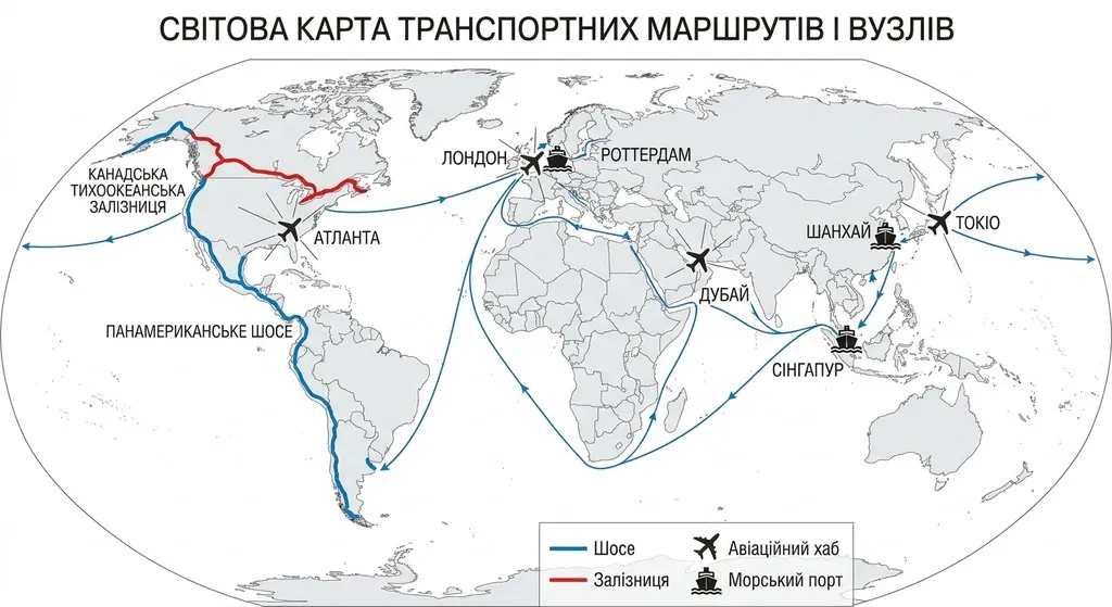 Карта світу для шкільного підручника з географії, що відображає основні глобальні транспортні шляхи та вузли. На карті українською мовою позначені Панамериканське шосе, Канадська тихоокеанська залізниця, а також ключові аеропорти та морські порти.