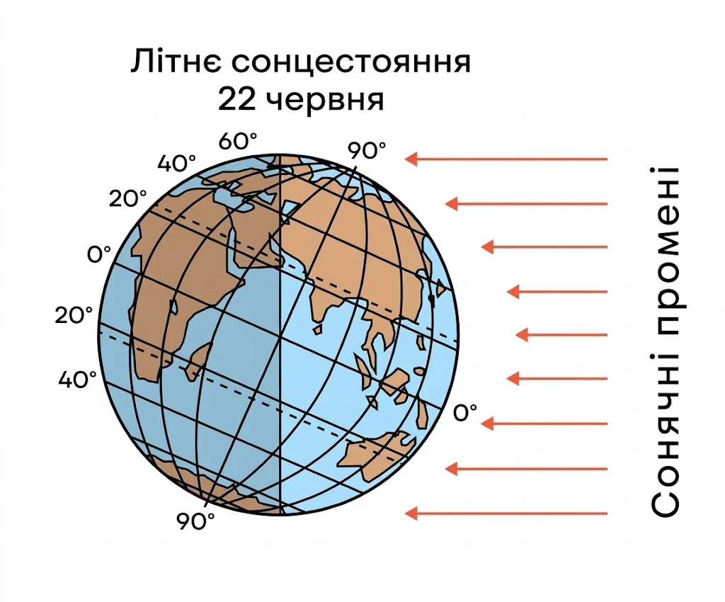Схема освітленості Землі в день літнього сонцестояння 22 червня