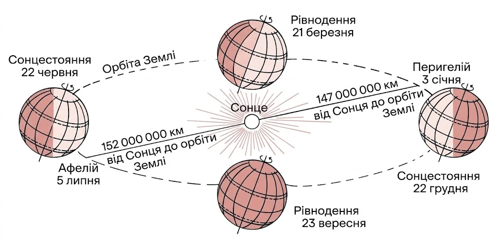 Схема орбітального руху Землі навколо Сонця, положення у дні сонцестоянь та рівнодень