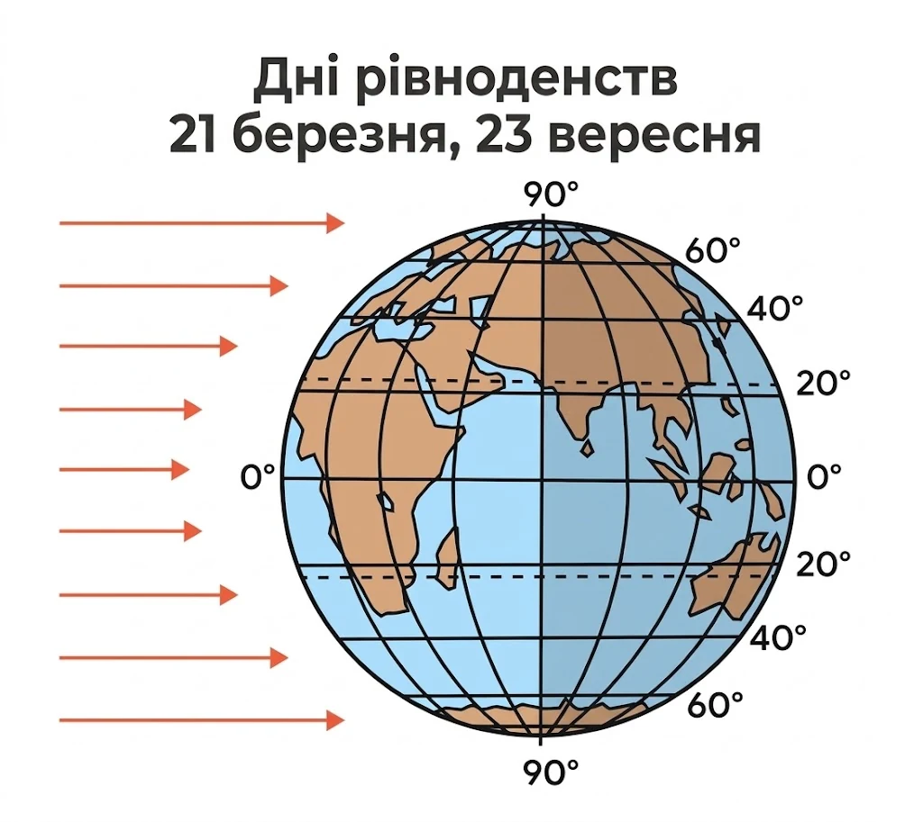 Схема освітленості Землі в дні рівнодень 21 березня та 23 вересня