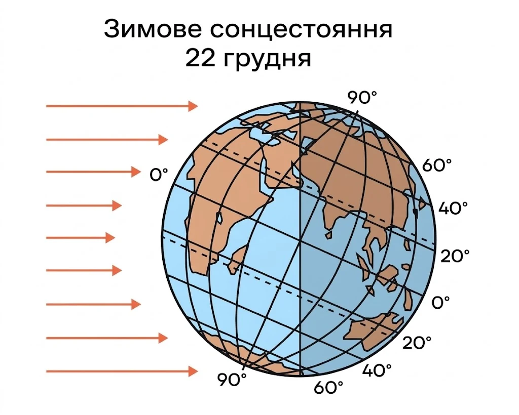 Схема освітленості Землі в день зимового сонцестояння 22 грудня