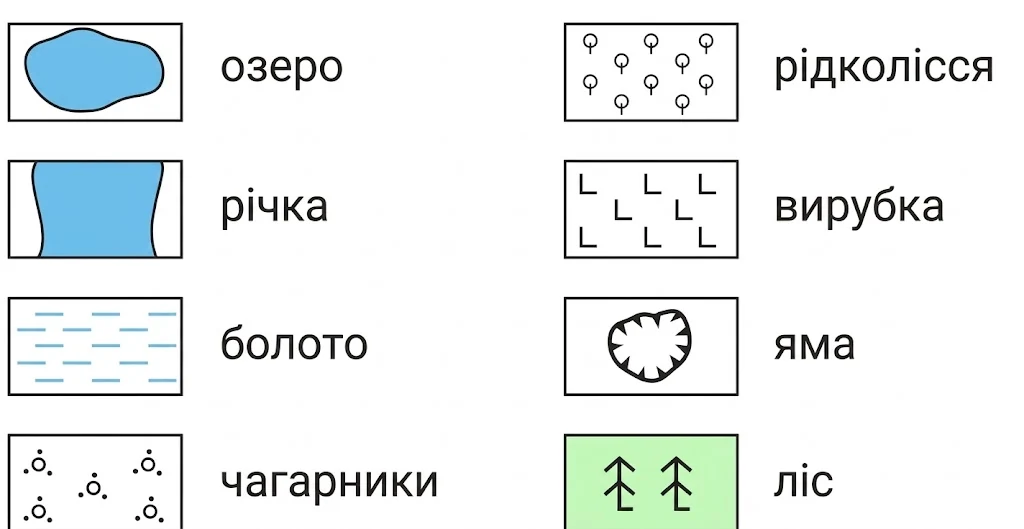 Таблиця площинних умовних знаків на топографічному плані
