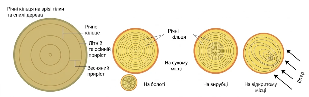 Річні кільця на зрізі гілки та спилі дерева: весняний та літньо-осінній приріст, вплив умов середовища на річні кільця