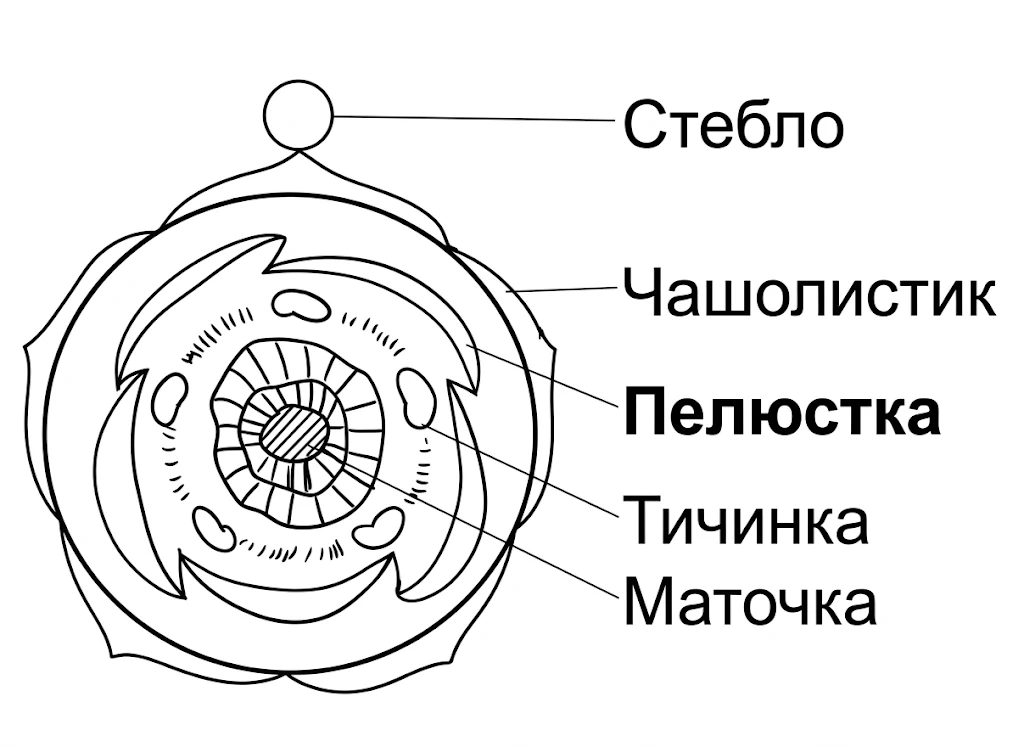 Діаграма квітки: розташування стебла, чашолистика, пелюстки, тичинки та маточки