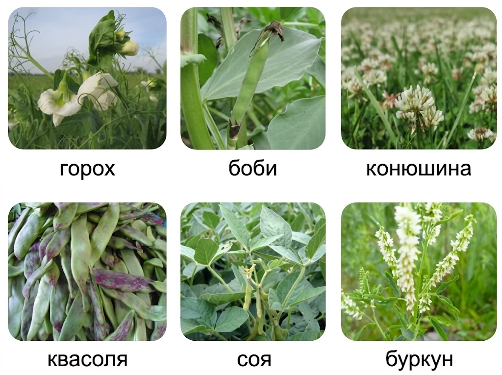 Представники родини Бобові (Метеликові): горох, боби, конюшина, квасоля, соя, буркун