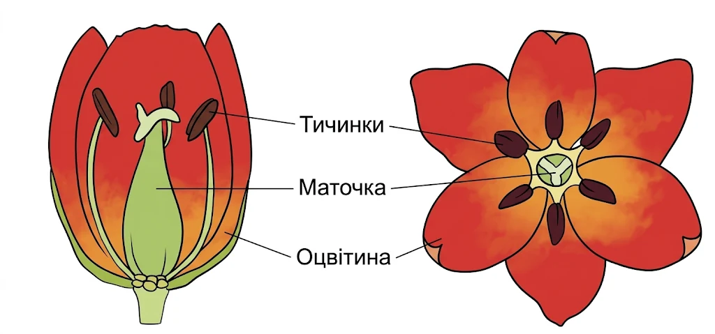 Будова квітки тюльпана (родина Лілійні): листочки простої оцвітини, тичинки та маточка