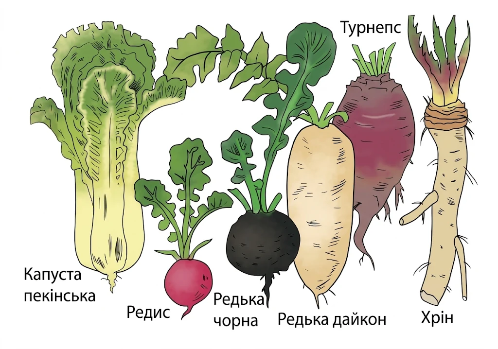 Представники родини Капустяні (Хрестоцвіті): капуста пекінська, редис, редька чорна, редька дайкон, турнепс, хрін