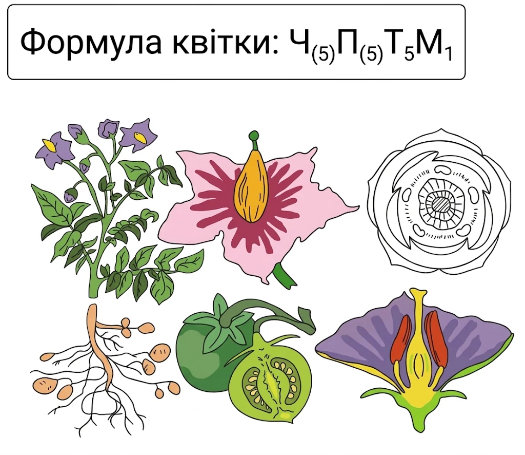 Будова та формула квітки пасльонових: квітучий пагін картоплі, розріз квітки, діаграма квітки, плід ягода томата та бульби