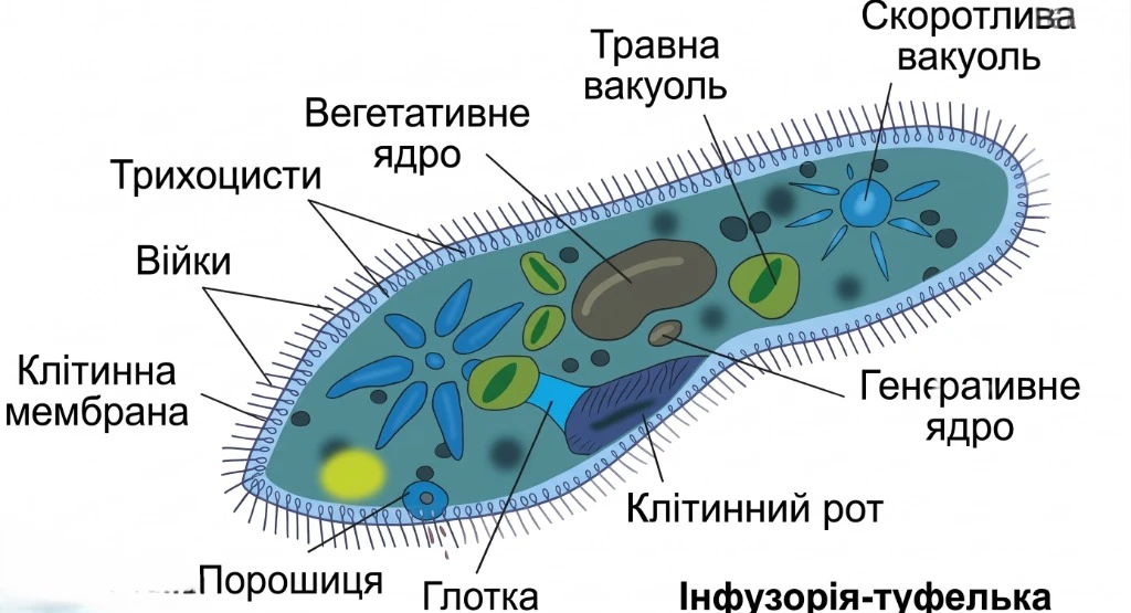Будова інфузорії-туфельки з позначеннями органел