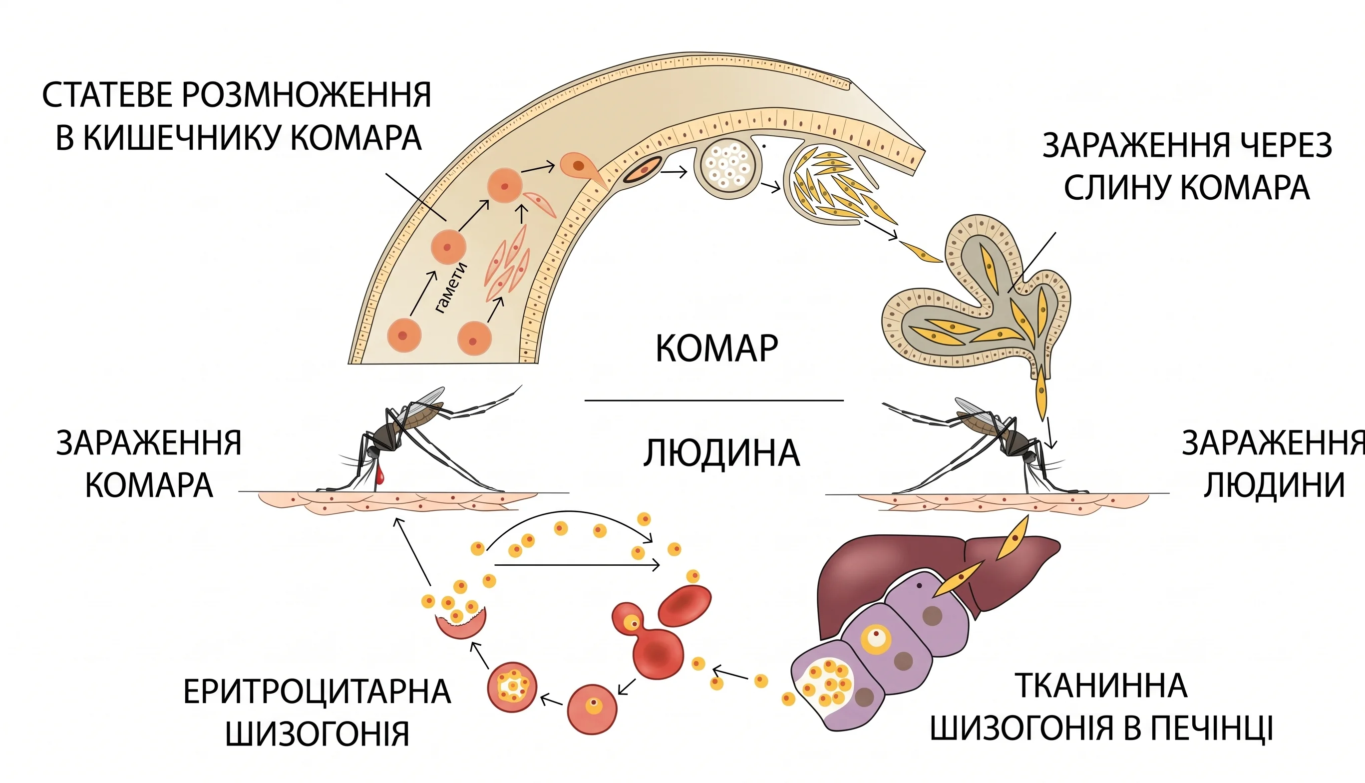 Життєвий цикл малярійного плазмодія (зміна хазяїв: комар та людина, статеве розмноження, тканинна та еритроцитарна шизогонія)