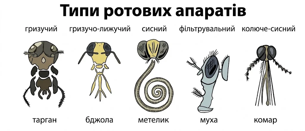Типи ротових апаратів комах (гризучий, гризучо-лижучий, сисний, фільтрувальний, колючо-сисний) на прикладі таргана, бджоли, метелика, мухи та комара