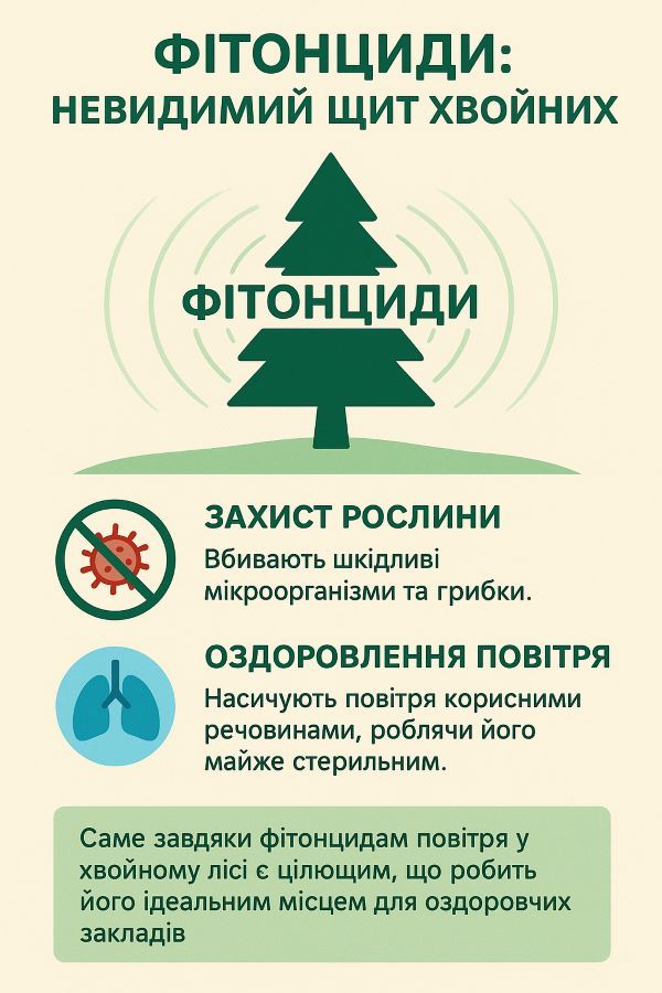 Конструює інфографіку «Роль фітонцидів для хвойних» та пояснює доцільність розміщення санітарно-оздоровчих закладів у хвойних лісах.